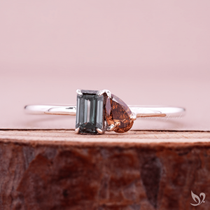 Emerald and Pear Cut Green Orange Lab Grown Diamond Toi et Moi <b>Ring</b> <b>Two</b> <b>Stone</b> Engagement <b>Ring</b> Ready to Ship Bridal Jewelry - Product Image 1