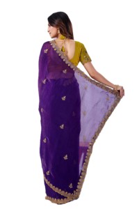 <b>Purple</b> Chiffon <b>Saree</b> with Gold Embroidery Traditional Indian Wedding Wear Women's Floor Length Sari - Product Image 4