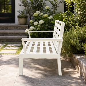 Banco de Jardín Blanco para Exteriores con Asiento y Respaldo de Listones para Patio, Césped, Balcón, Terraza, Muebles de Diseño - Product Image 5