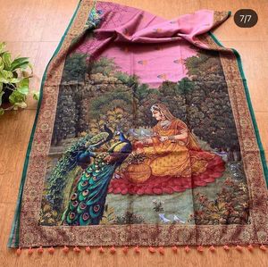 Indian Premium Exclusive Linen Fabric Digital Kalamkari <b>Print</b> Saree Elegant Festive Wedding Party <b>Office</b> Casual Wear Outfit - Product Image 5
