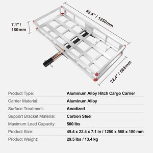 Portapacchi in Alluminio Antiruggine 49.4 X 22.4 X 7.1 con Capacità di Carico di 500 libbre, Cestello Portabagagli Montato su Gancio di Traino - Product Image 6