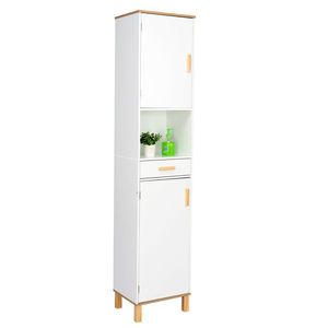 Mobiletto Alto Moderno con Singolo Cassetto e Doppia Anta per Bagno, in Legno Massello e MDF con Finitura Bianca Venata, Salvaspazio e Elegante - Product Image 5