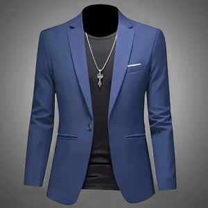 Traje de hombre moderno y elegante para ocio, chaqueta de otoño informal de negocios, corte ajustado, sin planchado, con un solo botón, blusa formal sólida. - Product Image 3