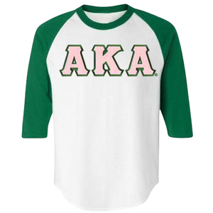Camiseta Raglán con Letras AKA, Blanca y Verde, para Mujer, Manga 3/4, Algodón, Estilo Béisbol, Hermandad Griega, Ropa Universitaria - Product Image 1