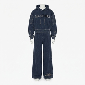 Custom <b>Women</b> Acid Wash <b>Navy</b> Blue Cropped Hoodie Wide Leg Jogger Set Cotton Fleece Streetwear Tracksuit OEM Wholesale - Product Image 3