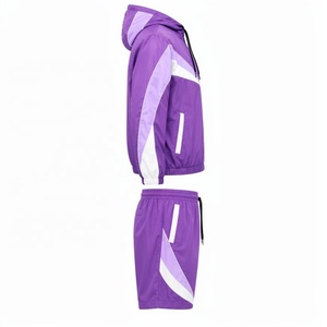 Purple Color Block Summer Logo Tracksuit Hooded <b>Zip</b>-Up Jacket & <b>Shorts</b> Set Sportswear Lounge Training Windbreaker - Product Image 3