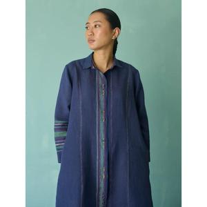 Vestido maxi de lino a rayas azules para mujer, cuello vuelto, manga tres cuartos, corte holgado informal, transpirable, para todas las estaciones. - Product Image 4