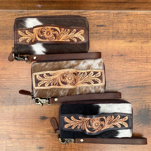 Bracelet à fente pour femmes Western Fashion Cuir véritable usiné Cuir de vachette personnalisé Vintage Zipper Clutch Trendy Floral Design - Product Image 4