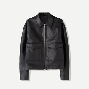 Men's Black <b>Leather</b> <b>Jacket</b> Turn-down Collar Zipper Closure Casual Style Regular Length Solid Color - Product Image 1
