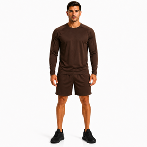 High Quality Men Short <b>Set</b> Plain Stretch Long Sleeve Crew Neck Top Matching Shorts Two Piece Short <b>Set</b> Solid Color Active Wear - Product Image 1