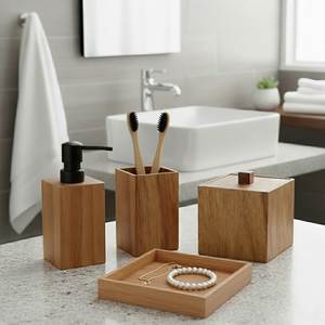 Juego de Accesorios de Baño de Madera Rústica, Cuatro Piezas, Estilo Minimalista Rectangular, Dispensador de Jabón, Portacepillos de Dientes, Bandeja - Product Image 1