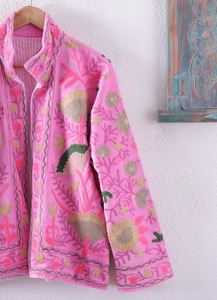 Pink Floral Embroidery Velvet <b>Cardigan</b> Long Sleeve Loose Fit V Neck Winter Wear Woven <b>With</b> <b>Pockets</b> Beautiful Women Elegant Piece - Product Image 4