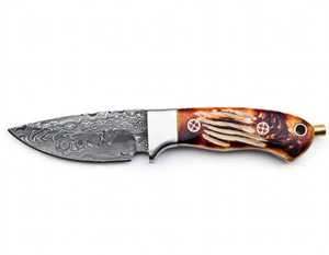 Custom Handmade Damascus Steel Outdoor Camping <b>Knife</b> <b>Carved</b> Stag Horn Resin Handle Steel Bolster - Product Image 2