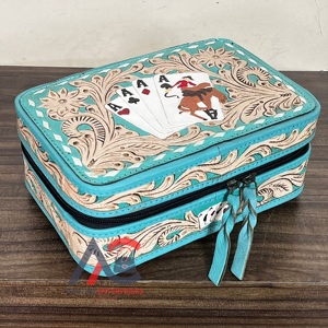 New Arrival Stylish Hand <b>Tooled</b> <b>Leather</b> Jewelry Box Genuine Cow <b>Leather</b> Poker Card Travel Organizer Female Cosmetic Storage Case - Product Image 1