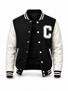 Veste universitaire unisexe noire avec manches en cuir blanc, lettre C brodée sur le devant, col rabattu, coupe classique, streetwear, patchwork - Product Image 2