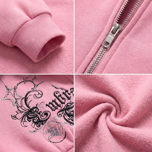Pink Women's Hooded Zip-Up Sweatshirt With Faux Fur <b>Trim</b> And <b>Pom</b> Poms Custom Style Short Jacket Winter Wear Hoodie - Product Image 6