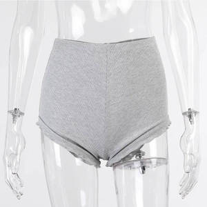 Shorts tricotés taille haute pour femmes, gris uni, décontractés, respirants, taille élastique, coupe régulière - Product Image 1
