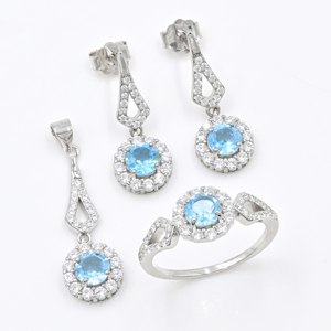 Ensemble collier, bague et boucles d'oreilles en argent sterling 925 avec pierre ronde en topaze bleue suisse, ensemble de bijoux fins et délicats pour femmes - Product Image 1