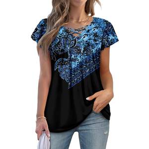 2025 mujer XL Plus patrón azul túnica Top blusa Casual cuello en V técnica manga corta bordada 3X Tops camisas de verano - Product Image 4