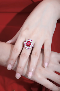 Bague de cocktail de luxe pour femme en rubis, forme fleur, sertie de diamants ovales, bijoux de fiançailles - Product Image 3