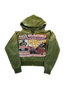 Sudadera con capucha oversize para hombre con cremallera, de forro polar con pedrería, con logotipo personalizado, estampado de silicona, bordado con efecto desgastado y descolorido por el sol, y estilo francés desgastado. - Product Image 4