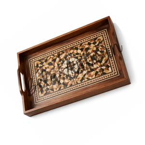 Bandeja de Servir Artesanal de Madera de Acacia con Incrustaciones, Diseño Abstracto, Decorativa para Bodas y Diwali, para Servir Té, Café y Comida - Product Image 2
