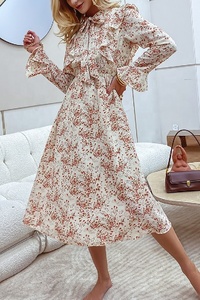 เดรสมิดิลำลองพิมพ์ลายดอกไม้สำหรับผู้หญิงใส่ในฤดูร้อนทรงพอดีตัวขนาดใหญ่พิเศษมีโบว์ผูกโบว์แขนระบายเอวแบบเอ็มไพร์ - Product Image 6