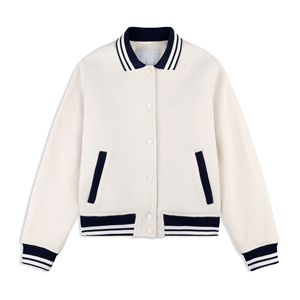 <b>Women</b> Varsity <b>Jacket</b> White <b>Navy</b> Contrast Trim Full Sleeve Turn-down Collar Single Breasted Woven Polyester Autumn Wear - Product Image 6