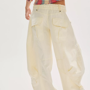 Wholesale Women's Cream Cargo Pants Mid Waist Loose Drawstring Closure Balloon Full Length Solid Casual Barrel Trousers Summer - Product Image 2