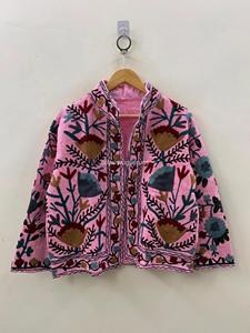 Hand Embroidered Floral Mandarin Collar Cotton <b>Poncho</b> Adult Women's Bohemian Spring Full Sleeve Outerwear - Product Image 1