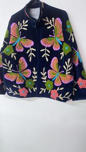 Elegant <b>Navy</b> Velvet Floral Embroidered Suzani <b>Jacket</b> With Butterfly Pattern Full Sleeve Stand Collar Bohemian <b>Women</b> Winter Coat - Product Image 3