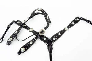 Plastron western équestre de qualité supérieure sculpté en cuir scintillant en acier inoxydable licou tête fantaisie couture équitation - Product Image 5