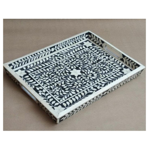 Plateau de service rectangulaire artisanal en nacre incrustée, mosaïque géométrique de coquillages, plateau décoratif pour table basse ou ottoman, vente en gros - Product Image 6