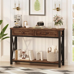 Table console industrielle moderne avec 2 tiroirs et étagère inférieure, structure en fer pour salon - Product Image 4