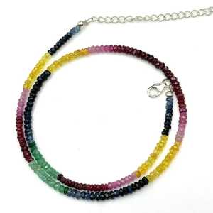 Collar de cuentas facetadas de zafiro natural multicolor de 3-3.5 mm, collar de piedras preciosas para mujeres y niñas, hecho a mano. - Product Image 1