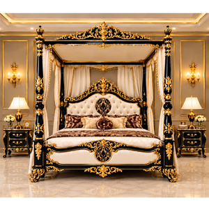 Lit à baldaquin à quatre poteaux de style victorien noir et or, ensemble de chambre à coucher baroque royal noir et or, chambre à coucher antique en cuir capitonné sculpté, USA - Product Image 1