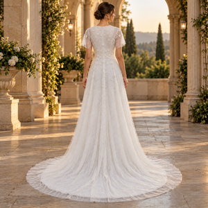Timeless <b>White</b> <b>Evening</b> <b>Gown</b> V Neck Sweetheart Bodice Sheer Cap Sleeves Floral Embroidery | A-Line Floor Length Chapel Train <b>Gown</b> - Product Image 4