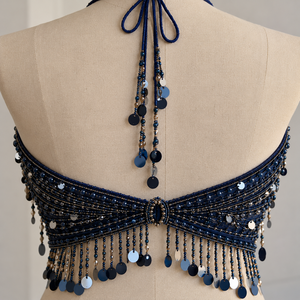 <b>Blue</b> Beaded Halter Tank <b>Top</b> <b>Sequin</b> Fringe Crop Camisole for Festival Beach Dance - Product Image 3