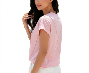 T-shirt rose respirant à col rond pour femme, manches courtes, détails de coutures diagonales, coupe ample, style minimaliste, printemps - Product Image 2