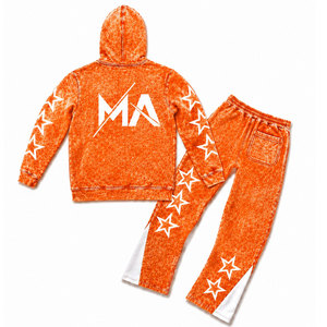 Conjunto de chándal con capucha en lavado ácido naranja con estrellas blancas y pantalones largos con cordón de 350 gsm, 100% algodón, estilo urbano. - Product Image 2