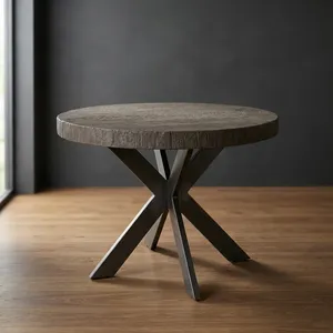 Table à manger ronde rustique en bois avec base en fer en forme de X, plateau en bois massif fait main, style industriel, meubles de cuisine et de salle à manger pour la maison - Product Image 5