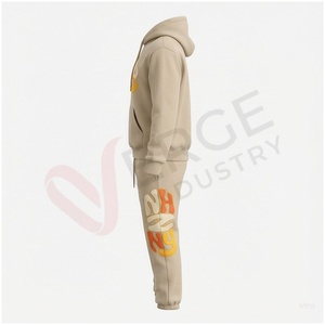 Conjunto Deportivo Unisex Beige con Capucha, Manga Larga, Logotipo con Letras Impresas, Ropa Casual de Otoño, Transpirable, Corte Regular para Adultos - Product Image 3