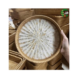 Handmade Rattan <b>Snack</b> <b>Tray</b> with Mother of Pearl Shell Decoration - Product Image 1