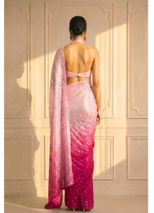Sari en rayonne rose ombré orné de broderies KV International avec blouse non cousue pour femme - Tenue de soirée, sans plis et séchage rapide - Product Image 2