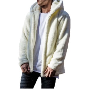 Men's Cream <b>Fleece</b> <b>Hooded</b> Sweatshirt Regular Fit Casual Winter <b>Jacket</b> With Pocket 100% Polyester - Product Image 1