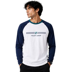 Camiseta de manga larga raglán personalizada en blanco y azul marino para hombre, de algodón premium, cuello redondo, con gráfico de béisbol, ropa personalizada OEM. - Product Image 1