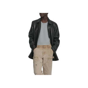 Chaqueta Larga Clásica de Cuero Vacuno Negro para Hombre, Cuello Camisero, Hecha a Mano, Impermeable y Resistente al Viento para Otoño - Product Image 2