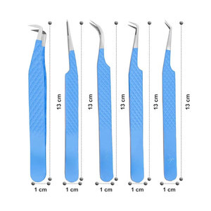 Juego de Pinzas para Extensión de Pestañas de Acero Inoxidable, 5 Piezas, con Punta de Fibra Azul, para Aplicación Profesional de Pestañas - Product Image 1