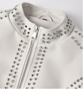 Women's Genuine Leather Moto <b>Biker</b> <b>Jacket</b> Studded Rivet Stand Collar Short Coat Casual Motorcycle Finished Cafe Racer Waterproof - Product Image 3