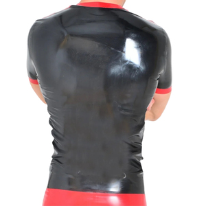 T-shirt pour homme noir brillant à manches courtes, coupe ajustée, col rond, couleur unie, bordure contrastée, style gothique, vêtement décontracté - Product Image 2